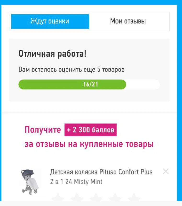 Виджет «Ждут оценки» со шкалой прогресса 16/21 и баллами за отзывы